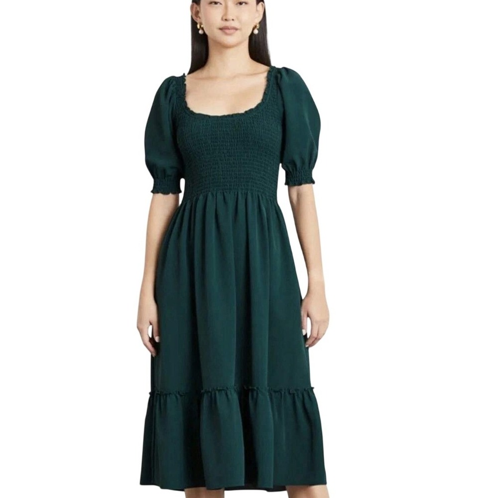 Hill House Home Women's Louisa Nap Scoop Neck Puffed Sleeve Midi Dress Sz Small
